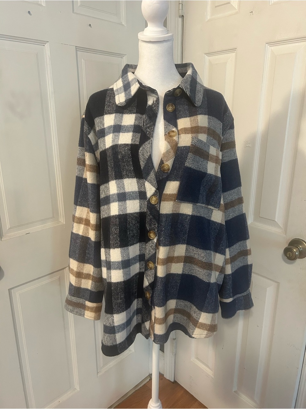 Plaid Shacket in Navy, Cream & Brown